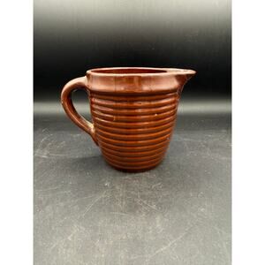 Vintage Western Stoneware Ribbed Brown Pottery Pitcher - Made in USA